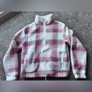 No Boundaries Pink & White Plaid Sherpa Half-Zip Jacket